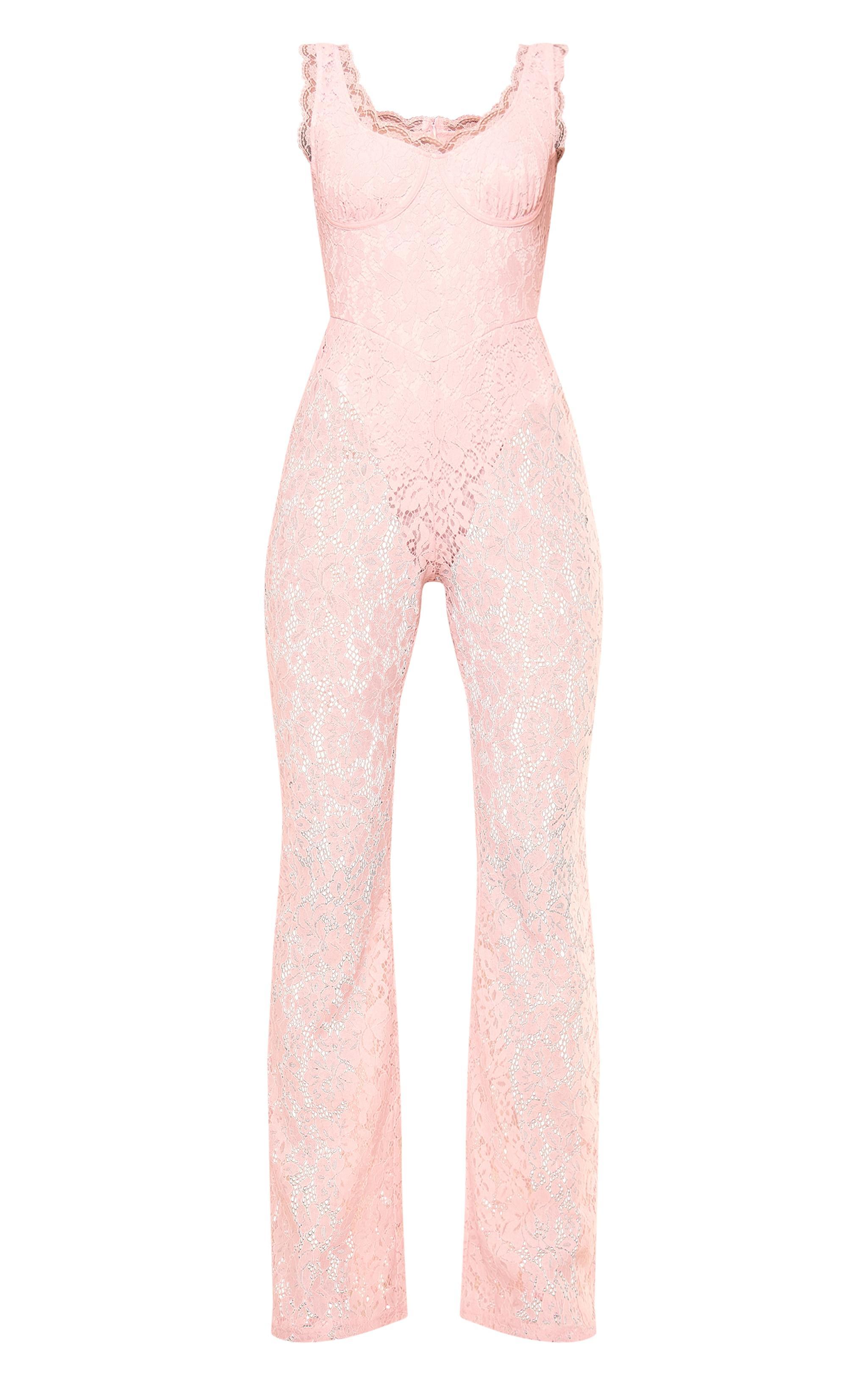 Pink Lace Boning Detail Strappy Flared Jumpsuit Product Image