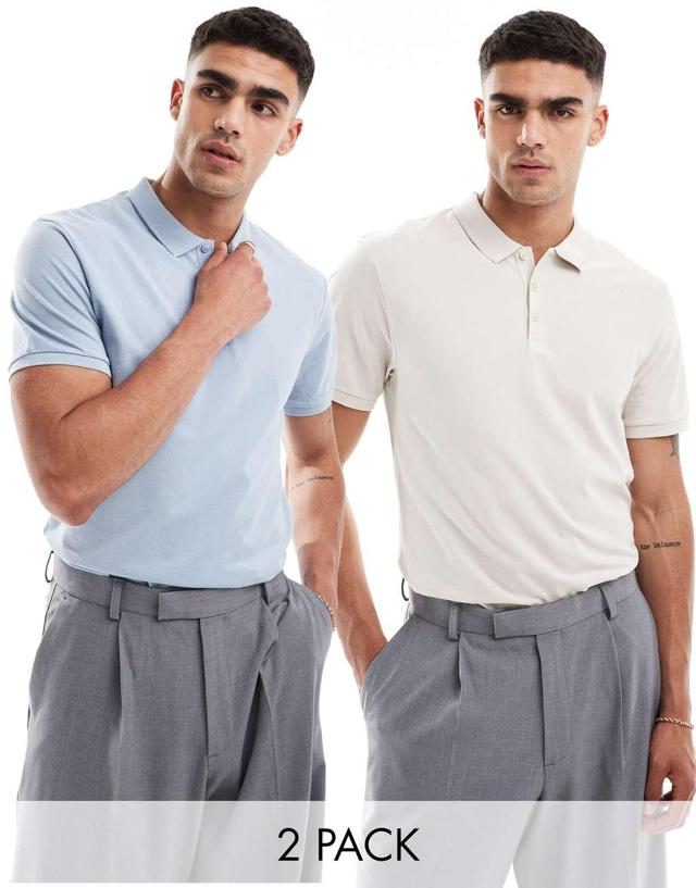 ASOS DESIGN 2 pack pique polos in stone and light blue Product Image