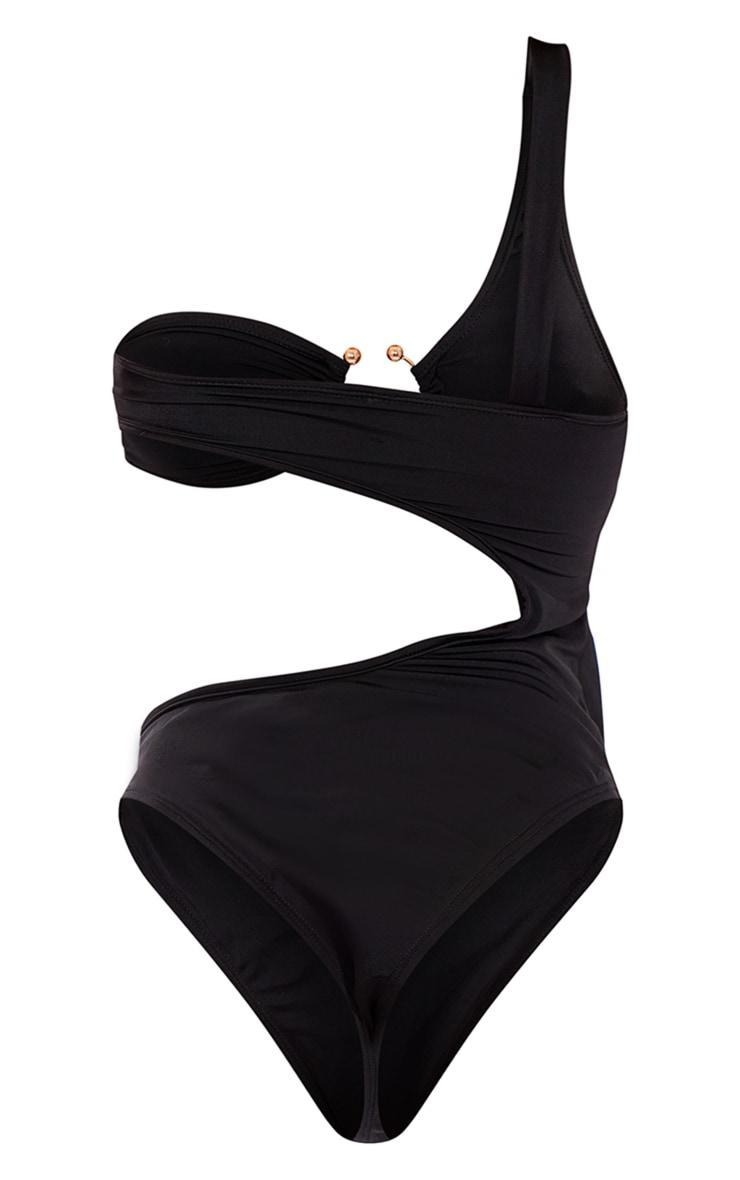 Black Cut Out Trim One Shoulder Swimsuit Product Image