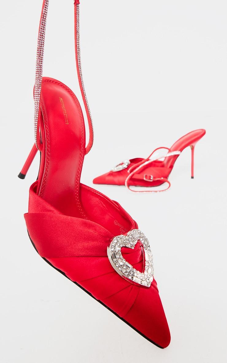 Red Satin Point Toe Diamante Heart Court Heels Product Image