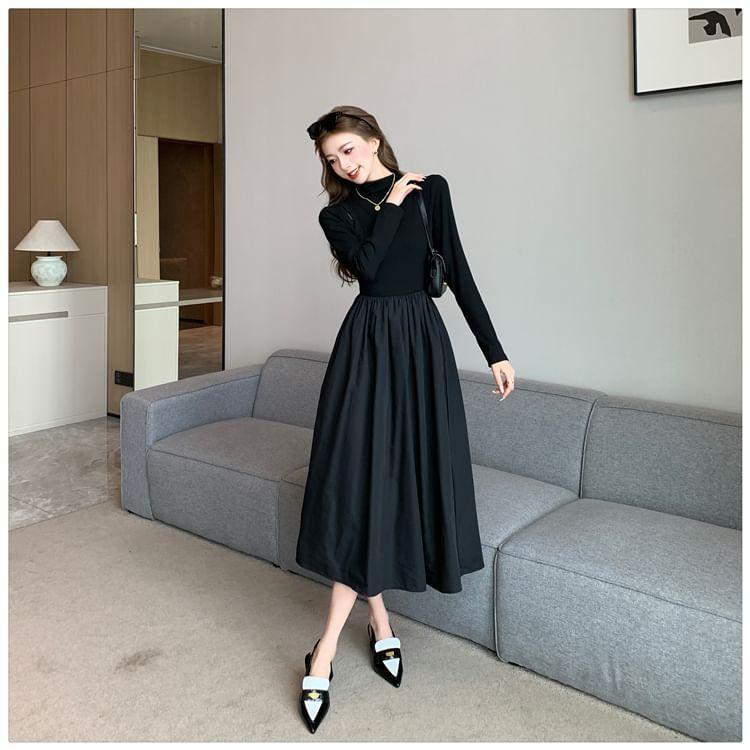 Long Sleeve Mock Neck Plain Gathered Panel Midi A-Line Dress Product Image