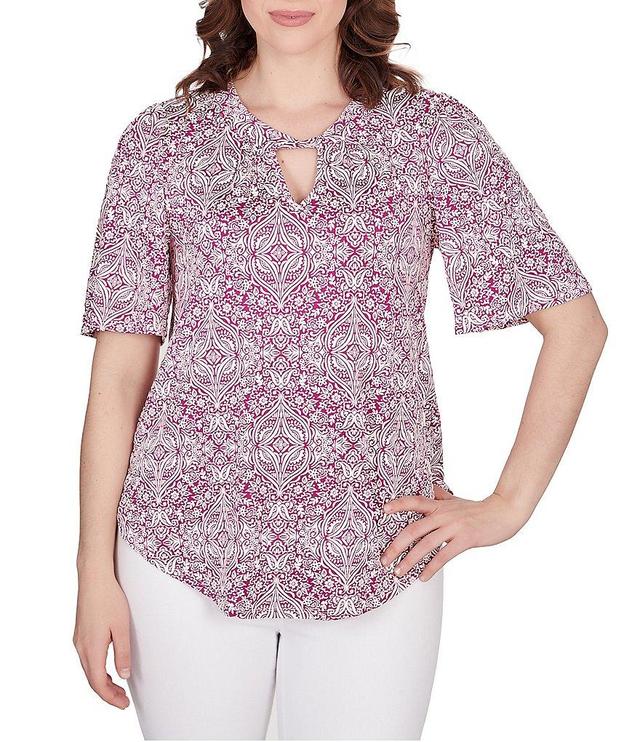 Ruby Rd. Petite Size Medallion Print Knit Keyhole Neck Short Sleeve Top Product Image