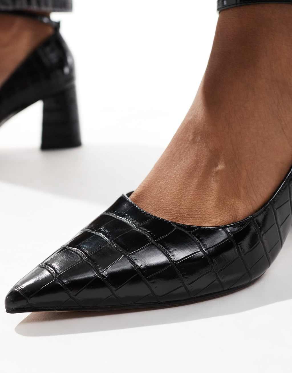 ASOS DESIGN Security mid block heeled shoes in black croc Product Image