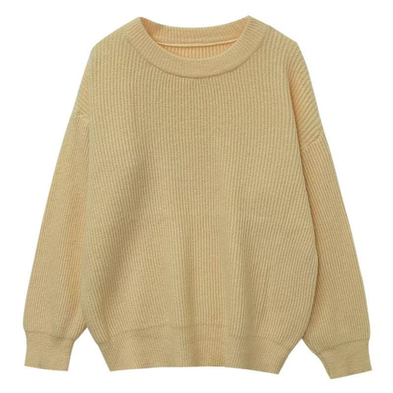 Crew Neck Plain Ribbed Oversized Sweater Product Image