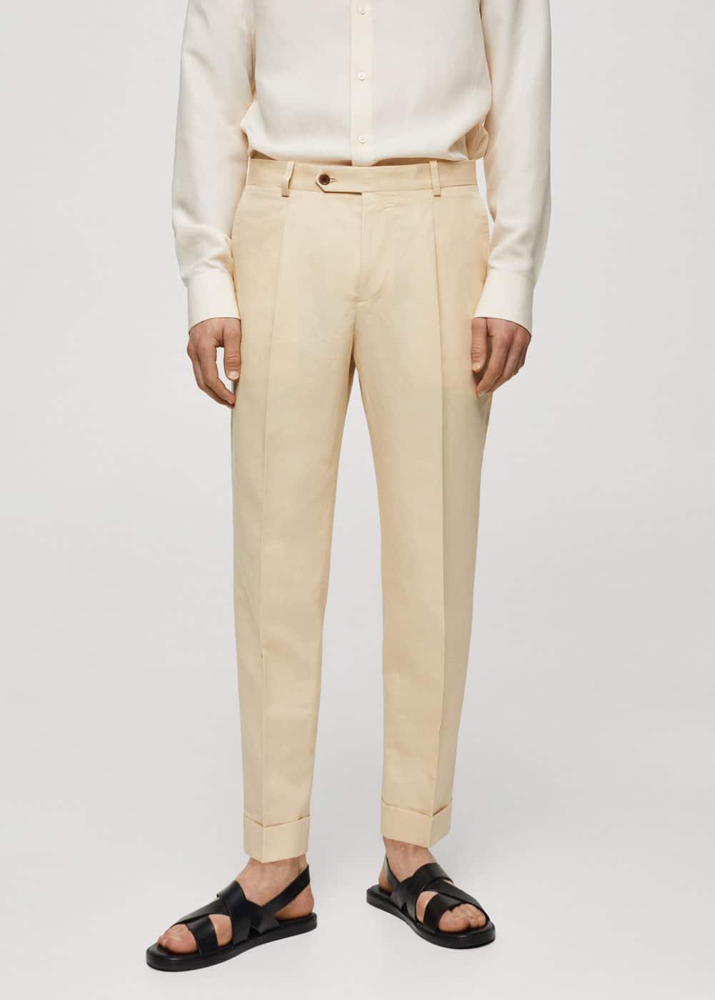 MANGO MAN - Cotton linen suit pants with pleats pastel yellowMen Product Image