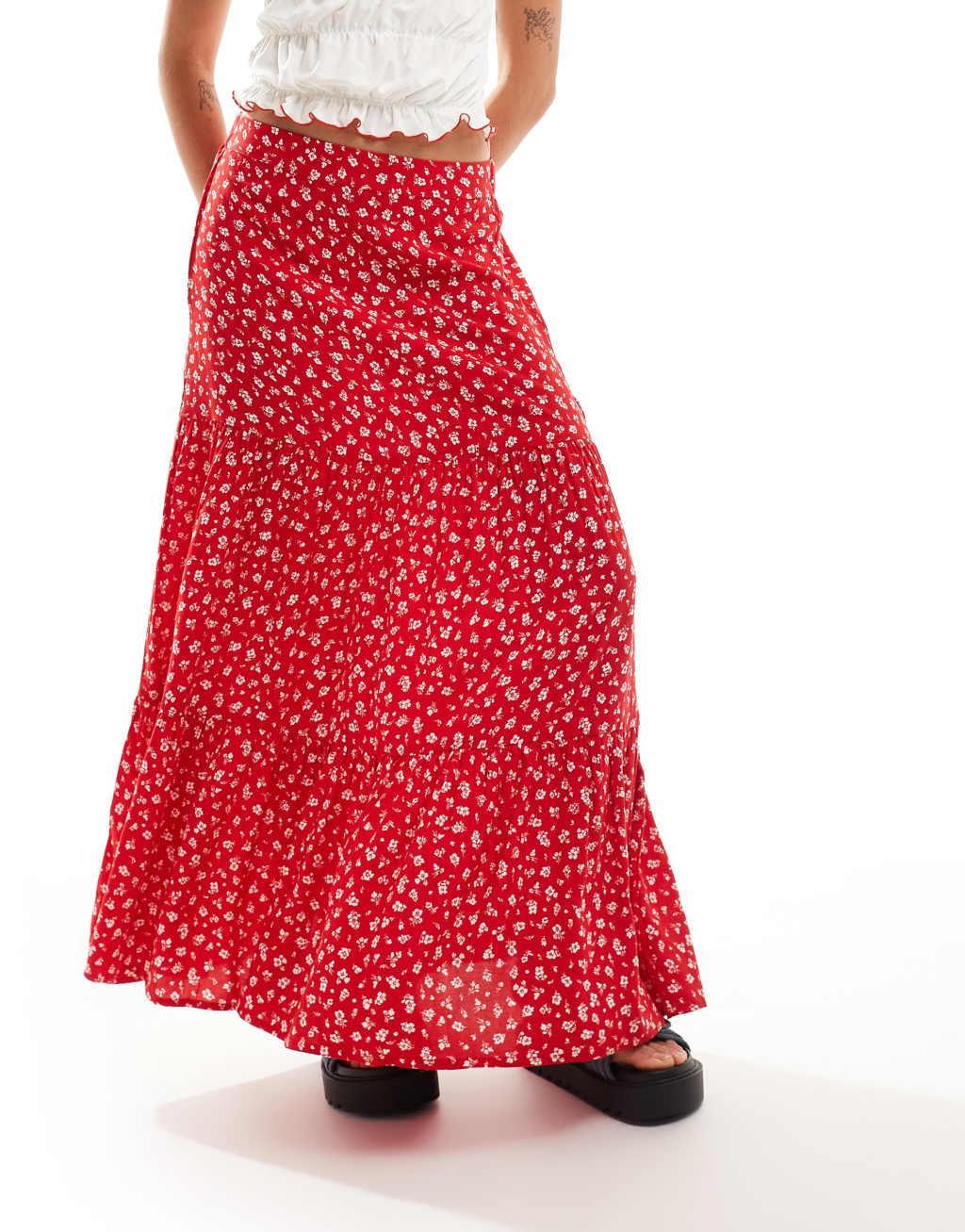 Monki tiered maxi skirt in red meadow floral Product Image