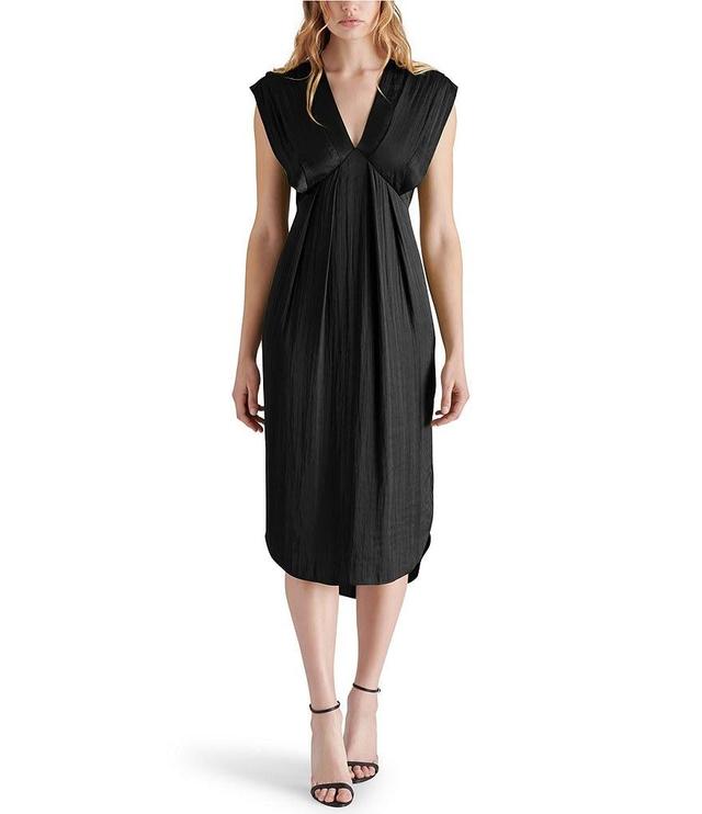 Steve Madden Clarissa Satin V Neck Short Sleeve Pleated Midi Dress Product Image