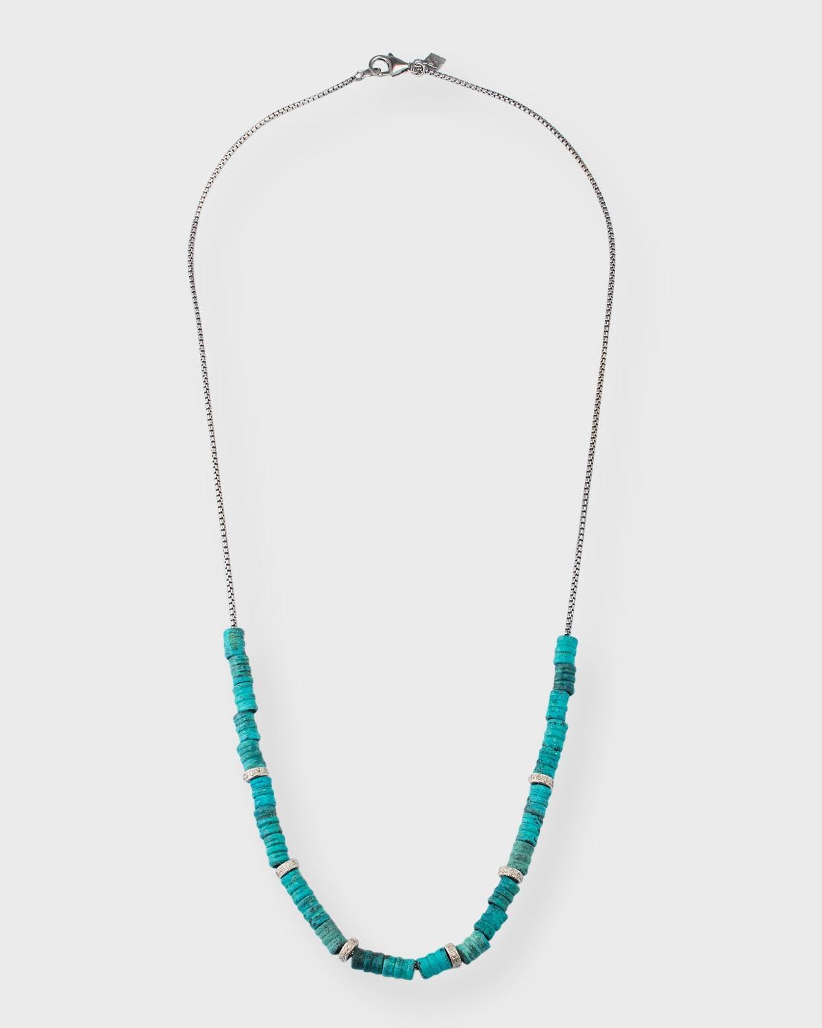 Mens Artifact Teal Patina Cylinder Beaded Necklace with Diamonds Product Image