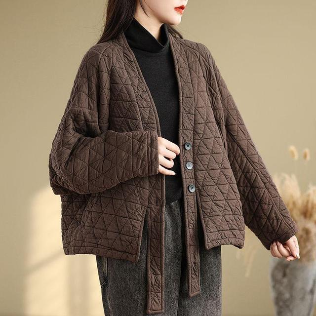 V-Neck Plain Quilted Kimono Jacket Product Image