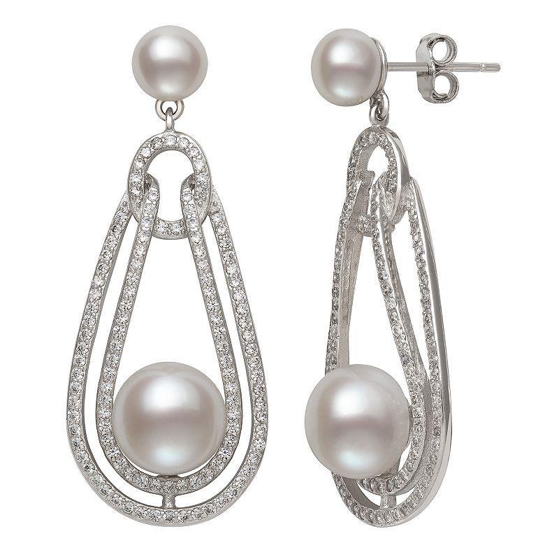 Sterling Silver Freshwater Cultured Pearl & Cubic Zirconia Drop Earrings, Womens Product Image