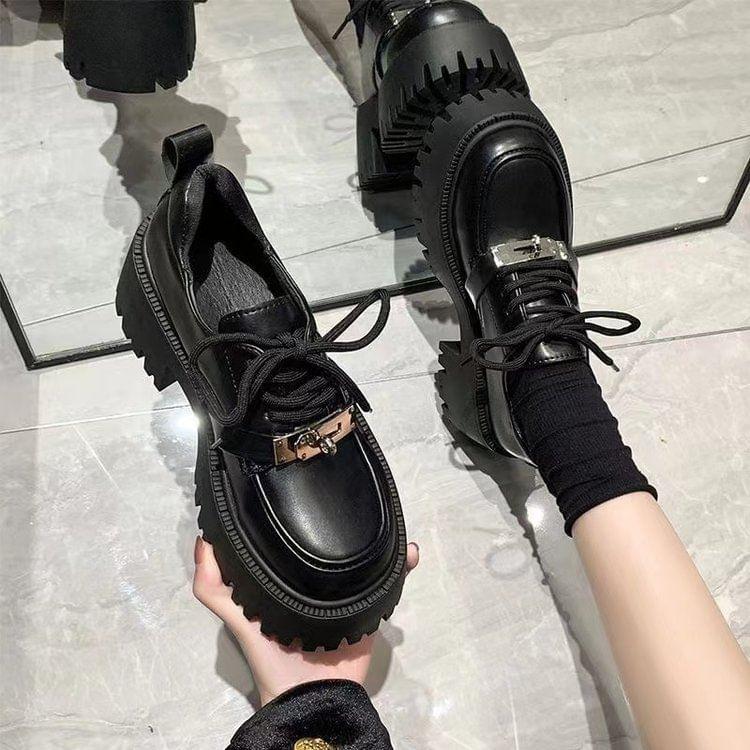 Platform Buckled Patent Leather Lace Up Shoes Product Image