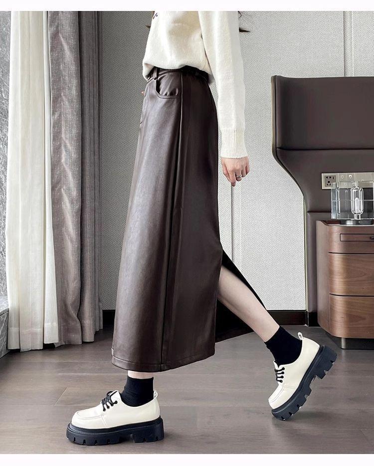 High Rise Plain Faux Leather Maxi A-Line Skirt Product Image