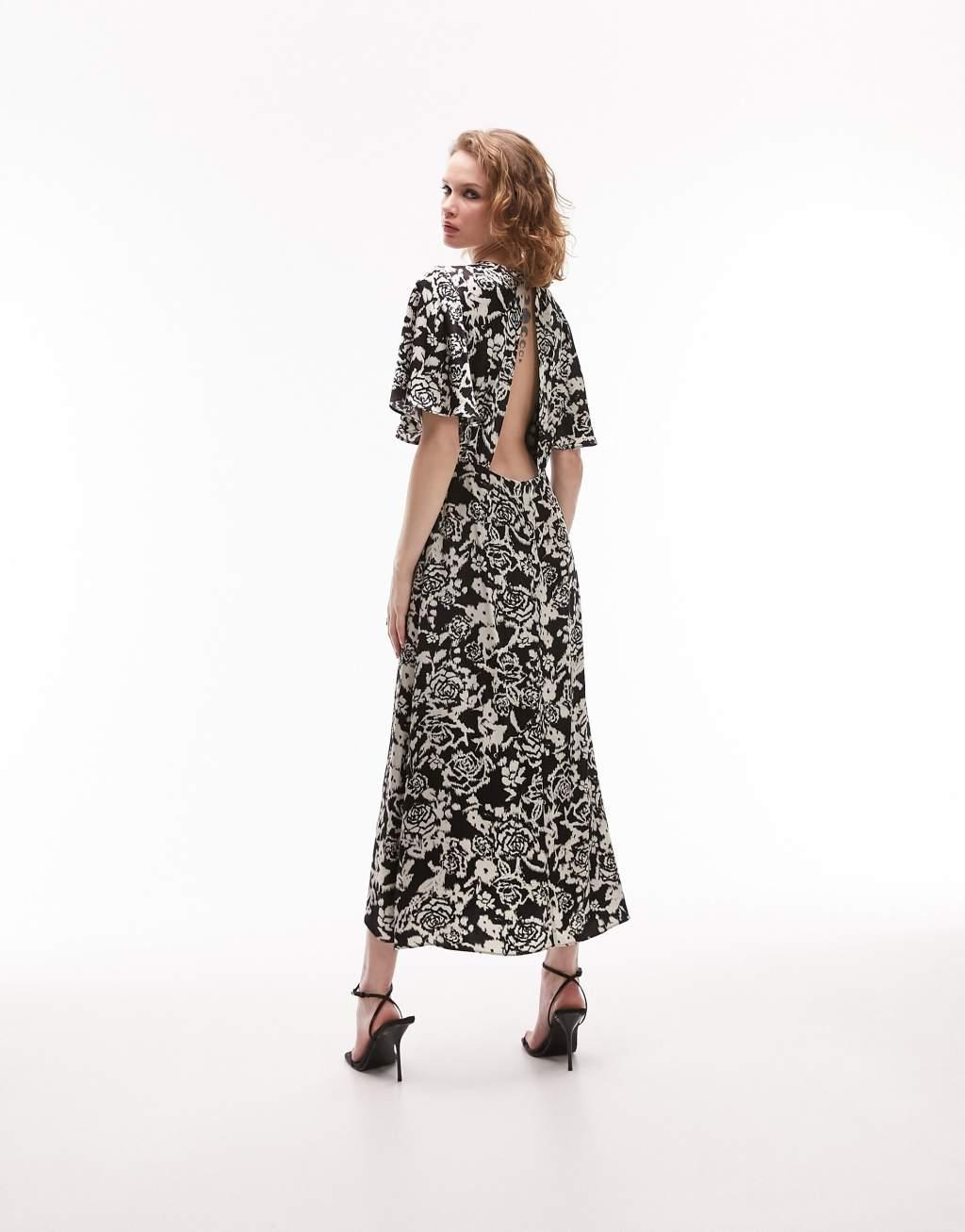 Topshop Austin mono print angel sleeve occasion midi dress in multi Product Image