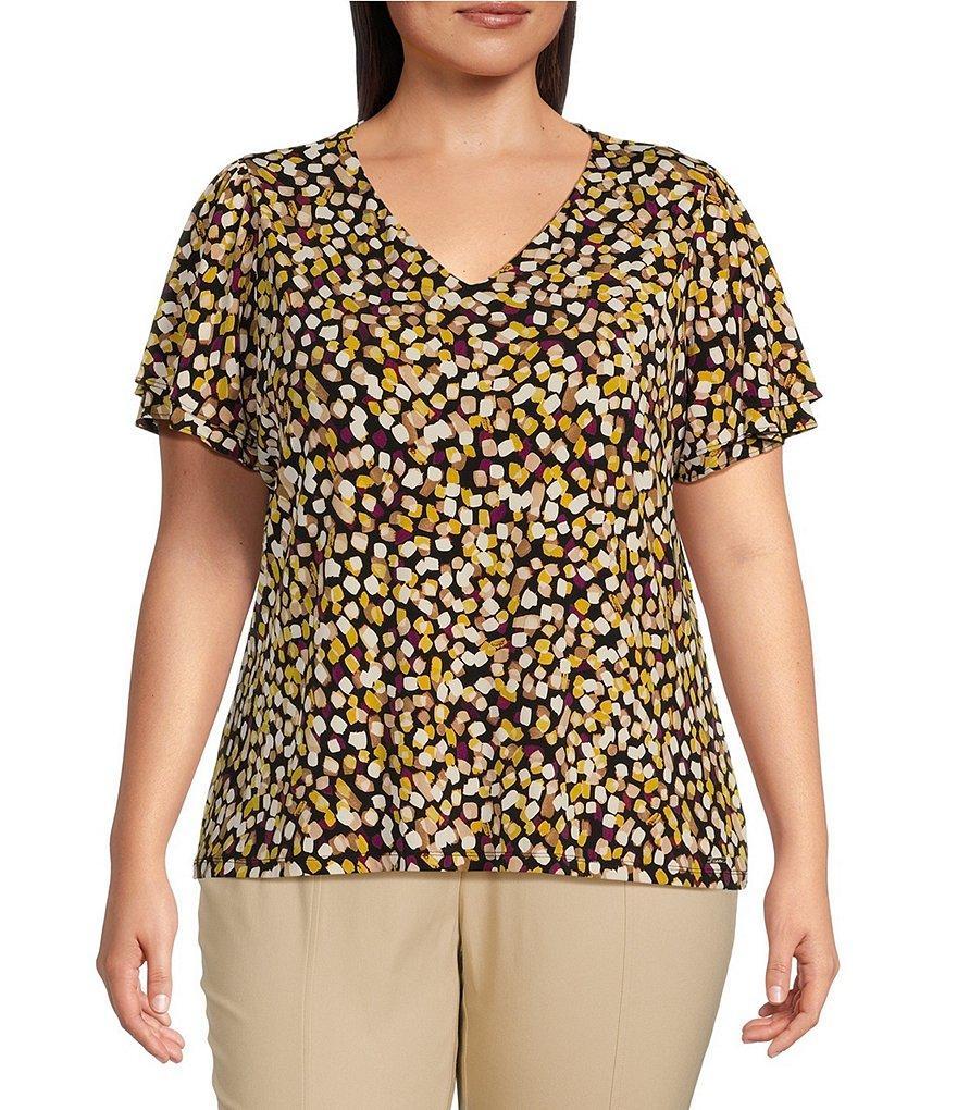 Calvin Klein Plus Size Confetti Print Matte Jersey V-Neck Short Short Flutter Sleeve Top Product Image