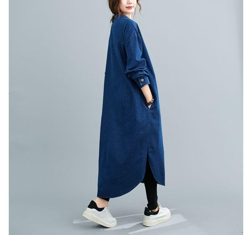 Long-Sleeve Round Neck Plain Slit Denim Midi Shirt Dress Product Image