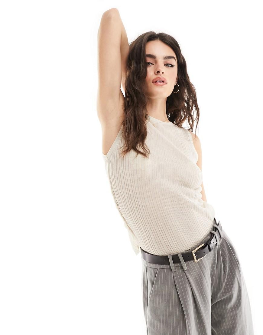 ASOS DESIGN sheer knitted ruched side tank top in stone Product Image