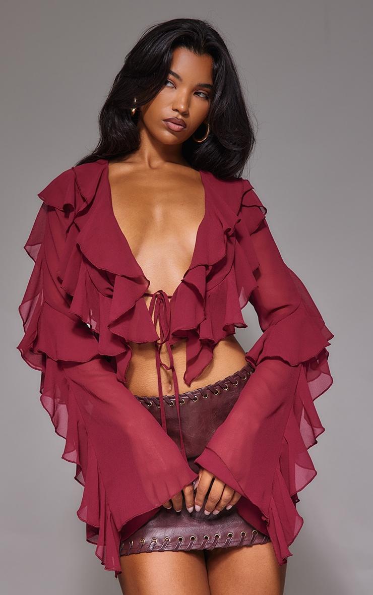 Plum Sheer Woven Ruffle Tie Crop Blouse Product Image