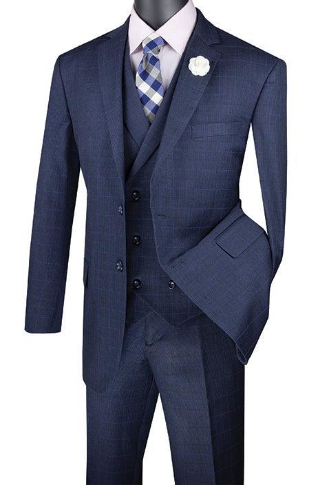 Venetian Collection - Navy Regular Fit Glen Plaid 2 Button 3 Piece Suit Product Image