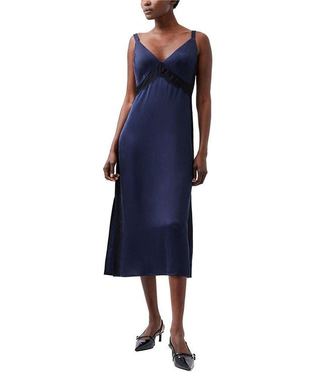 French Connection Ennis Satin V Neck Sleeveless Lace Midi Dress Product Image