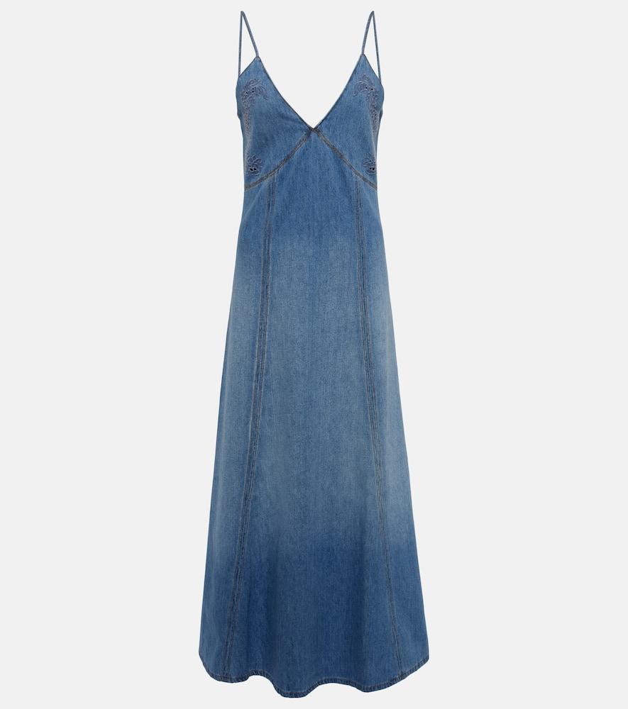 Long Flared Denim Dress In Blue Product Image