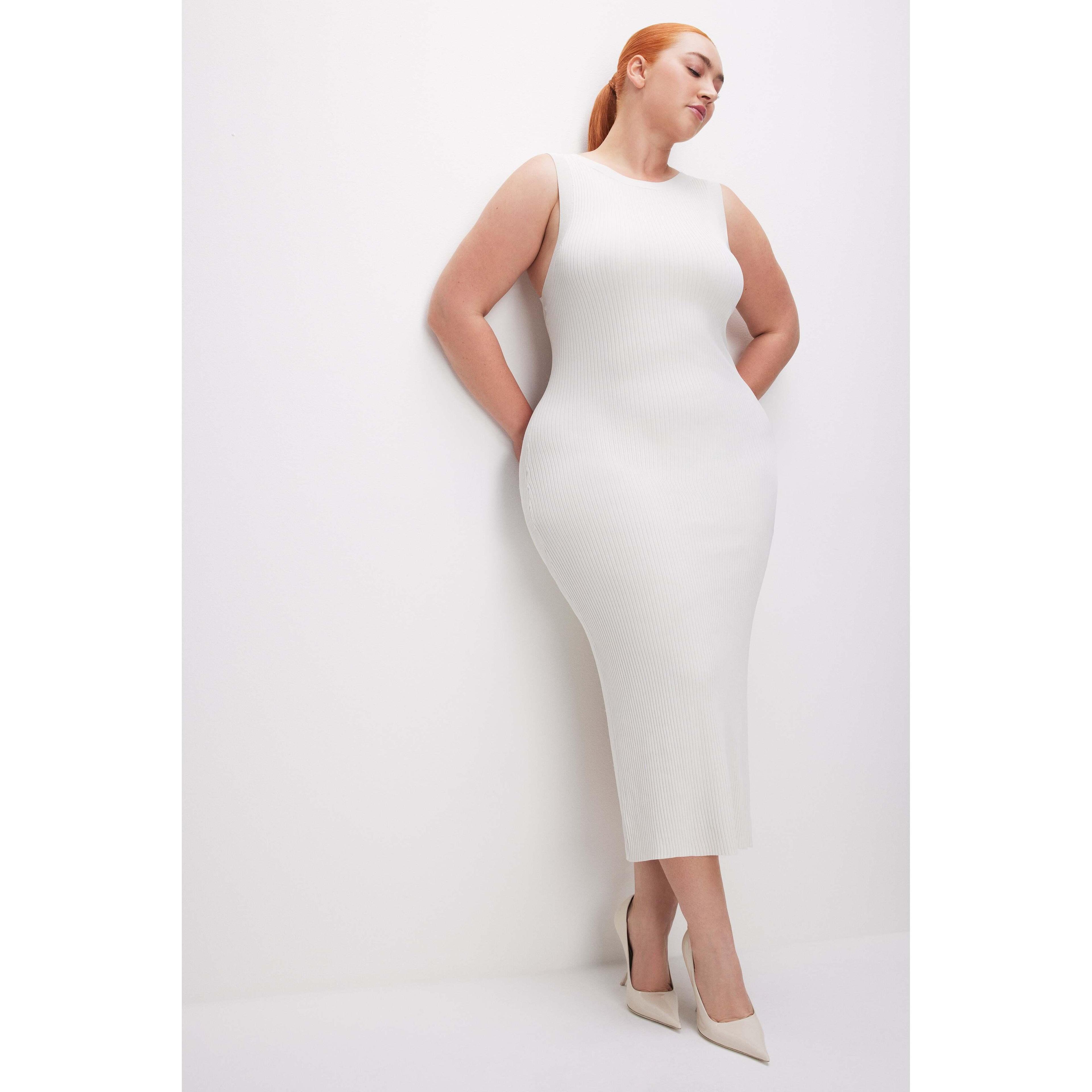 Womens Stretch Rib Scoop Back Midi Dress | Cloud White, Size Large | Good American by Khlo Kardashian product image