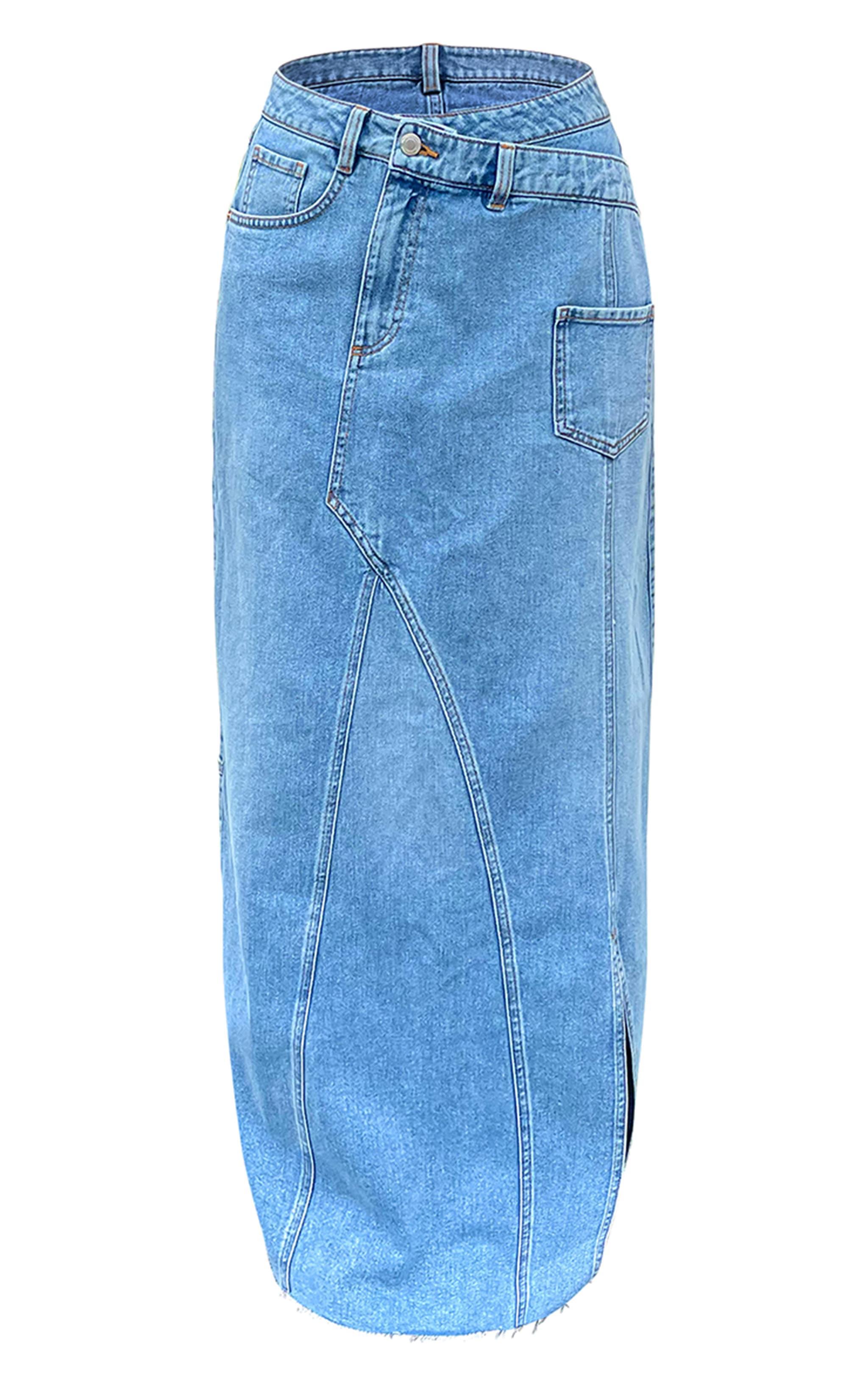 Blue Asymmetric Waistband Seam Detail Denim Maxi Skirt Product Image