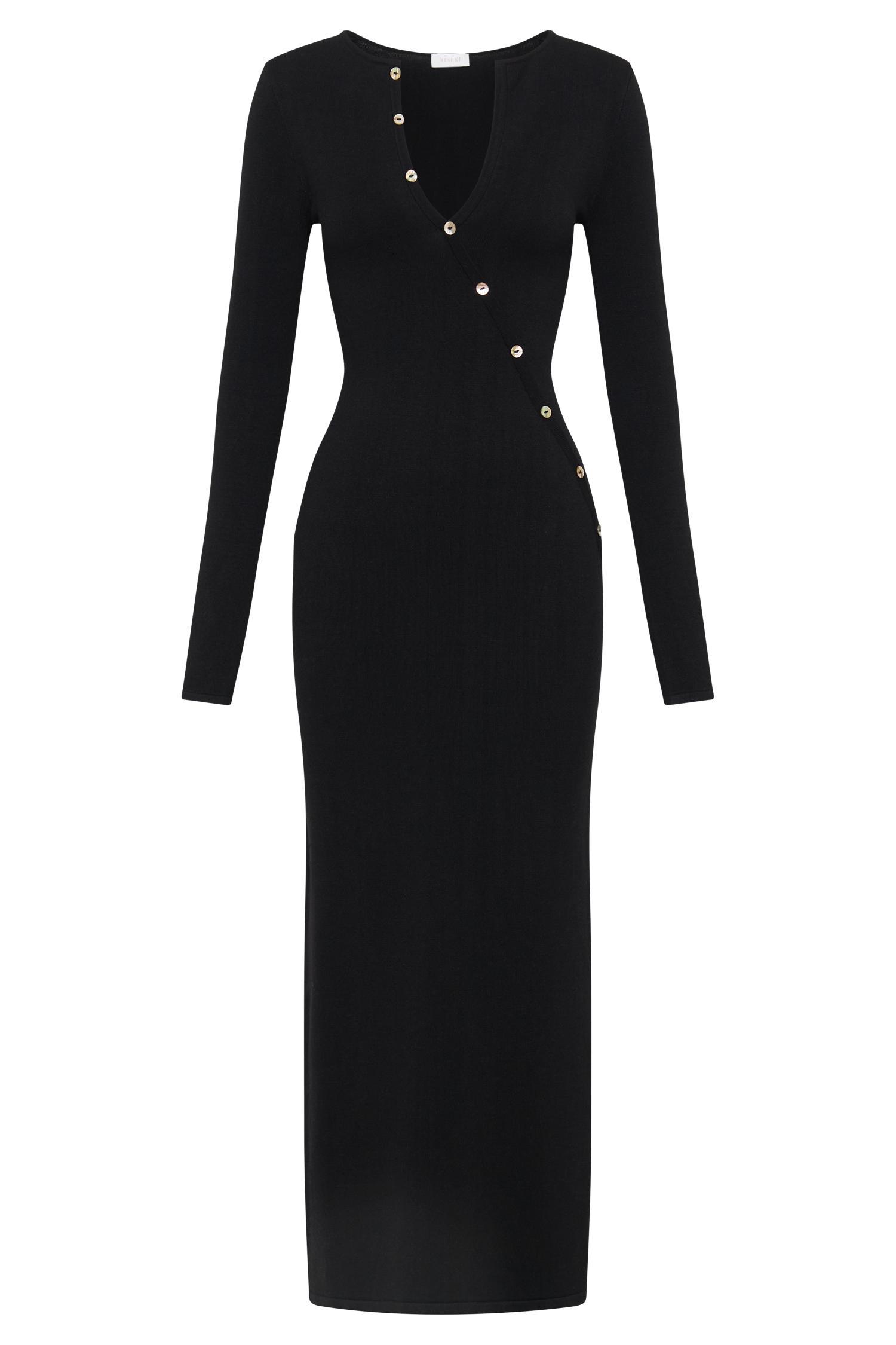 Maria Long Sleeve Buttoned Knit Maxi Dress - Black Product Image