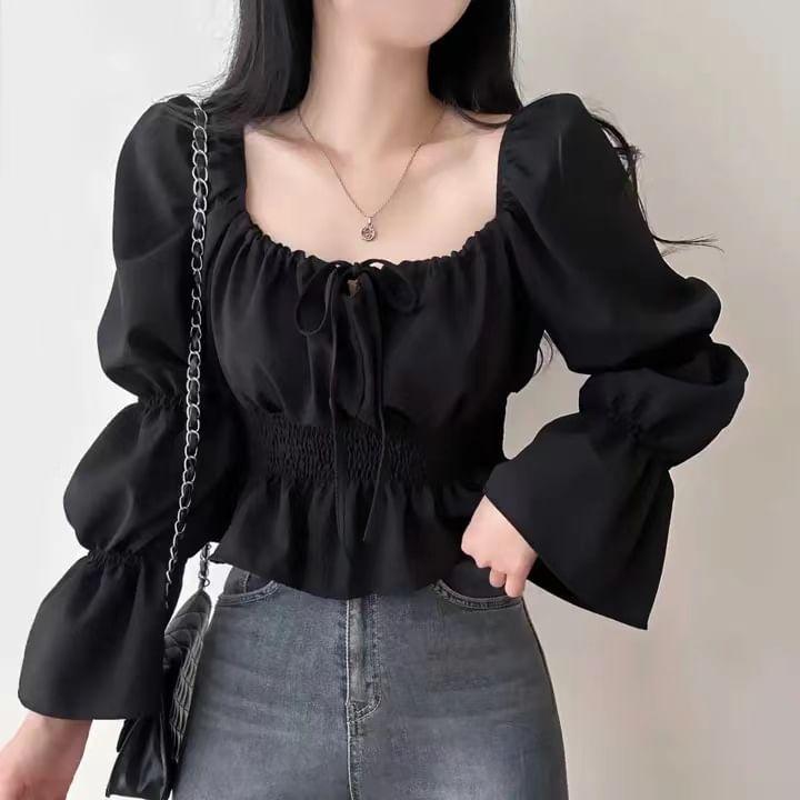 Long-Sleeve Square Neck Plain Bow Peplum Cropped Blouse Product Image