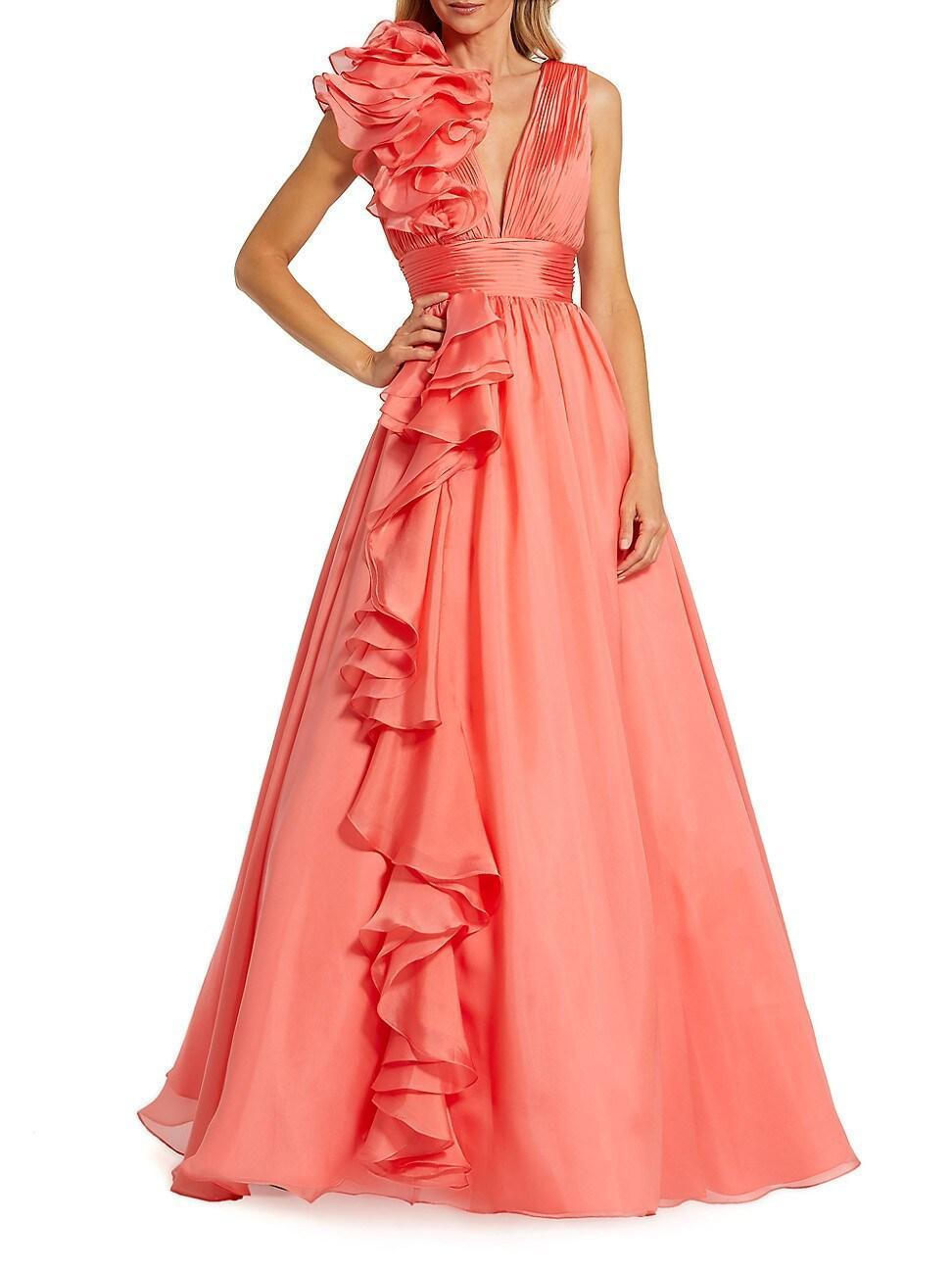 Womens Ruffle Shoulder V-Neck Gown Product Image