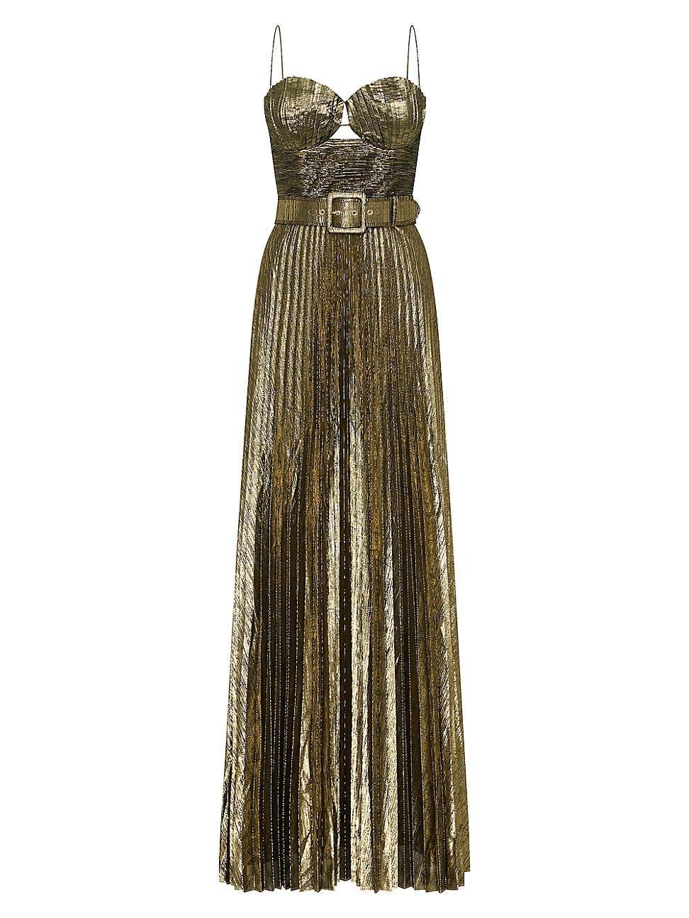 Rebecca Vallance Josie Belted Metallic Pliss Gown Product Image