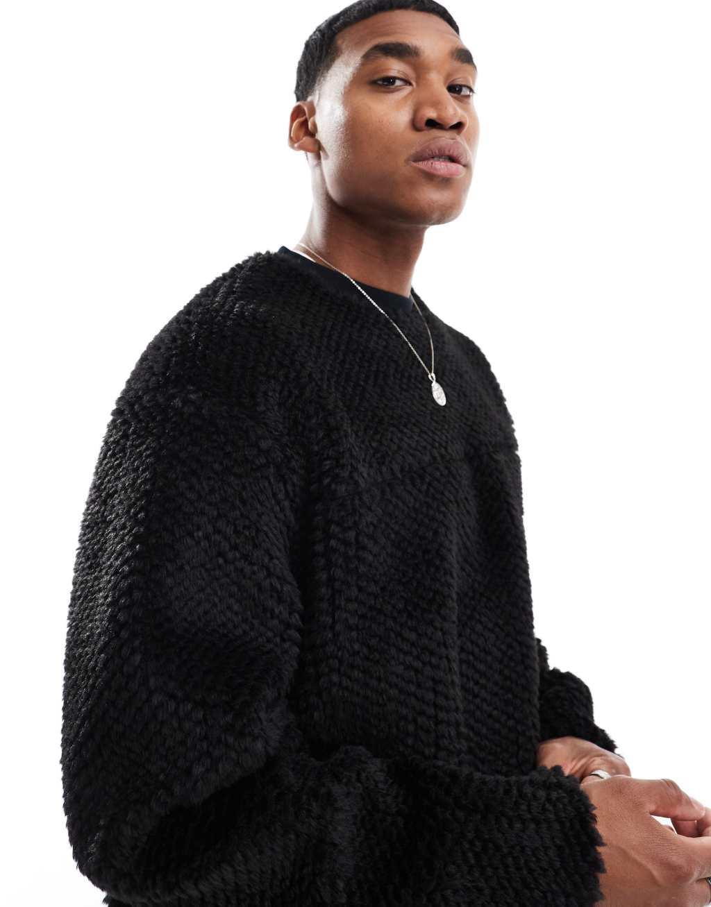 ASOS DESIGN faux fur sweatshirt with texture in black Product Image