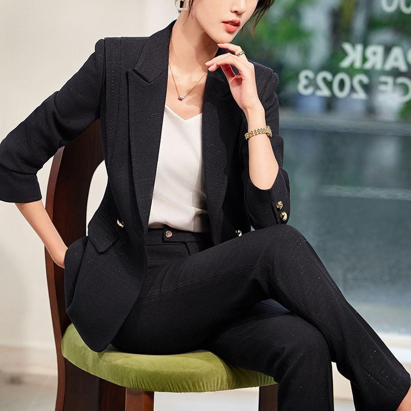 Peak Lapel Plain Double-Breasted Blazer / High Rise Bootcut Suit Pants / Set Product Image