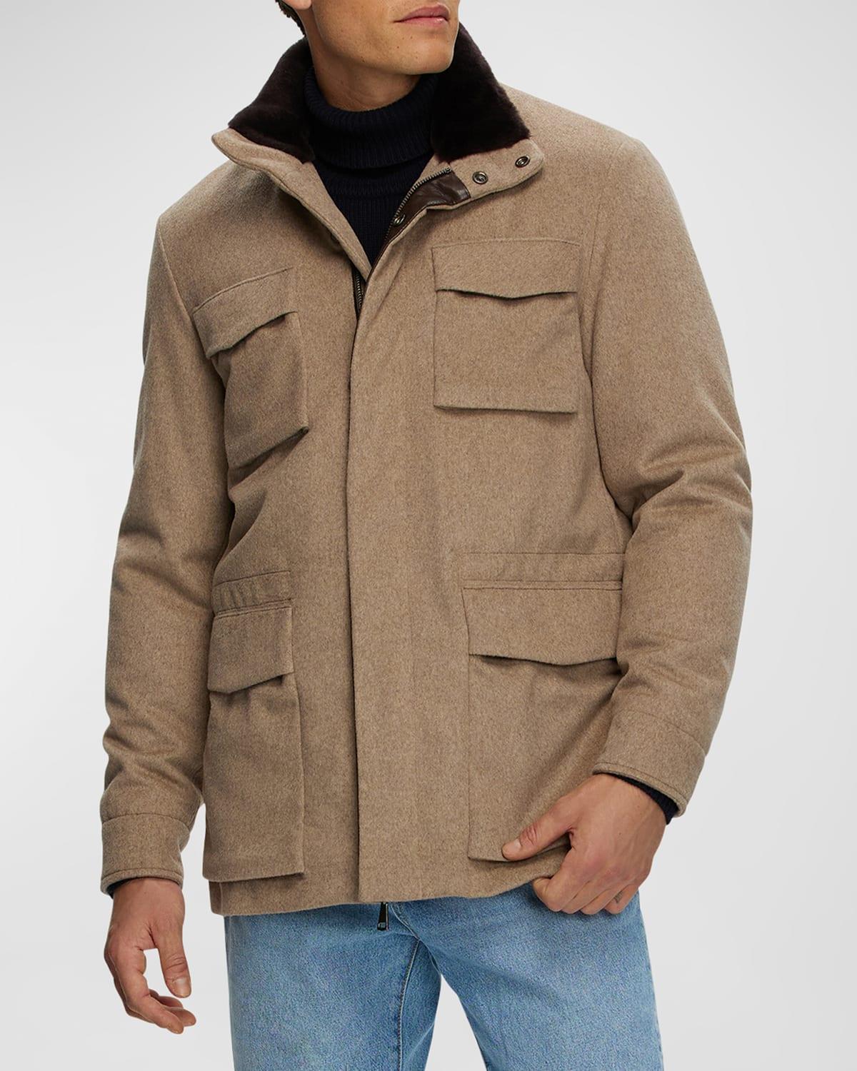 Men's Fabric Jacket With Lamb Shearling Collar Product Image