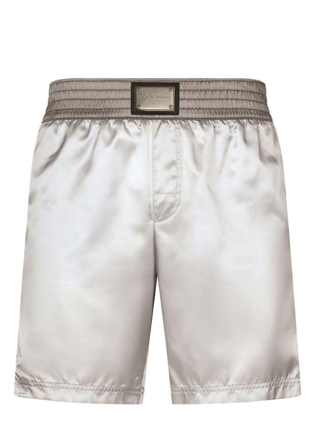 Logo-plaque Satin Swim Shorts In Neutrals Product Image