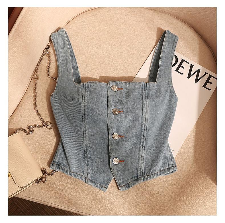 Square Neck Plain Button-Up Denim Crop Tank Top Product Image