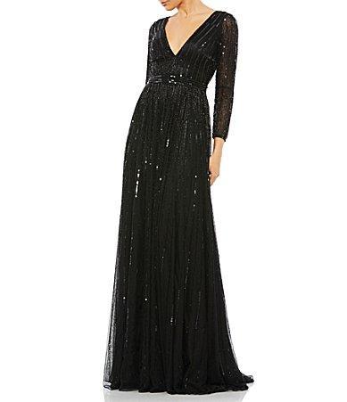 Mac Duggal Sequin & Bead Stripe Long Sleeve Mesh Gown Product Image