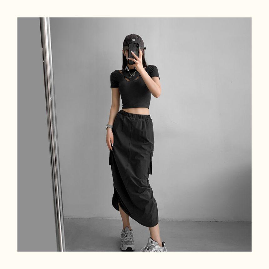 Elastic Waist Plain Slit Midi Pencil Cargo Skirt Product Image