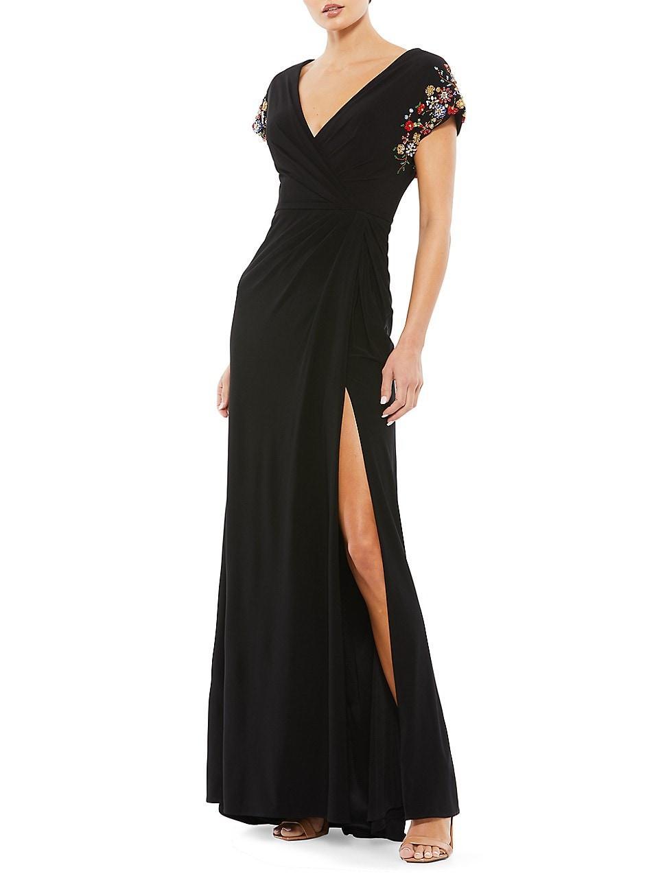 Mac Duggal Beaded Sleeve Faux Wrap Gown Product Image