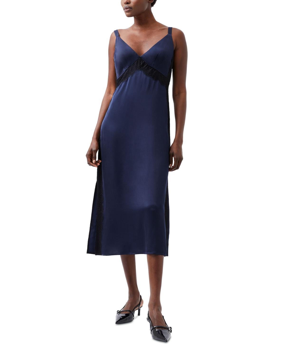 French Connection Womens Ennis Lace-Trim Satin Dress - Marine Product Image