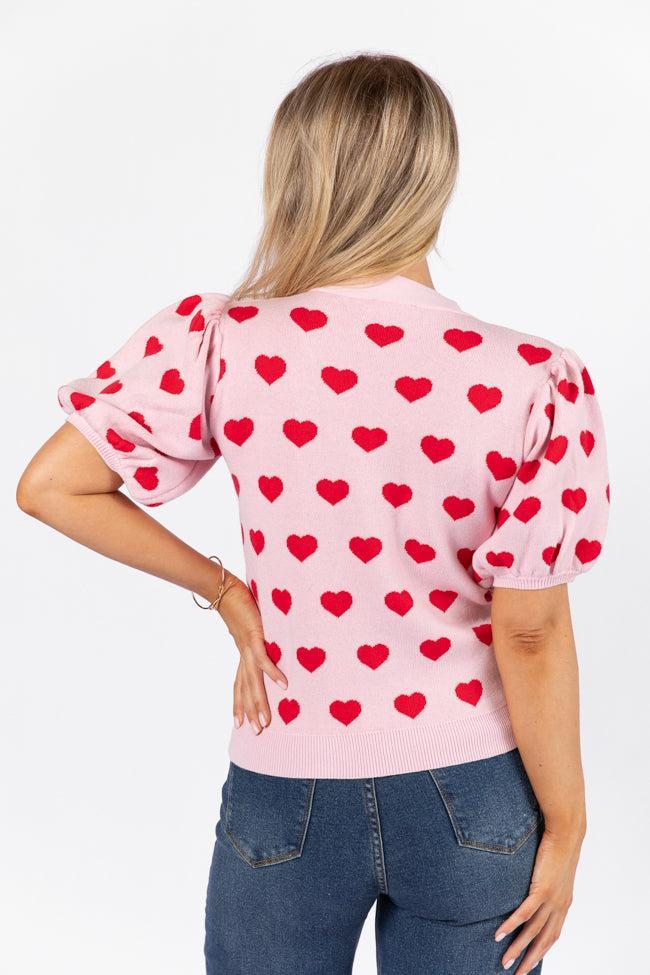 Ask Me Out Pink and Red Puff Sleeve Heart Cardigan SALE Product Image