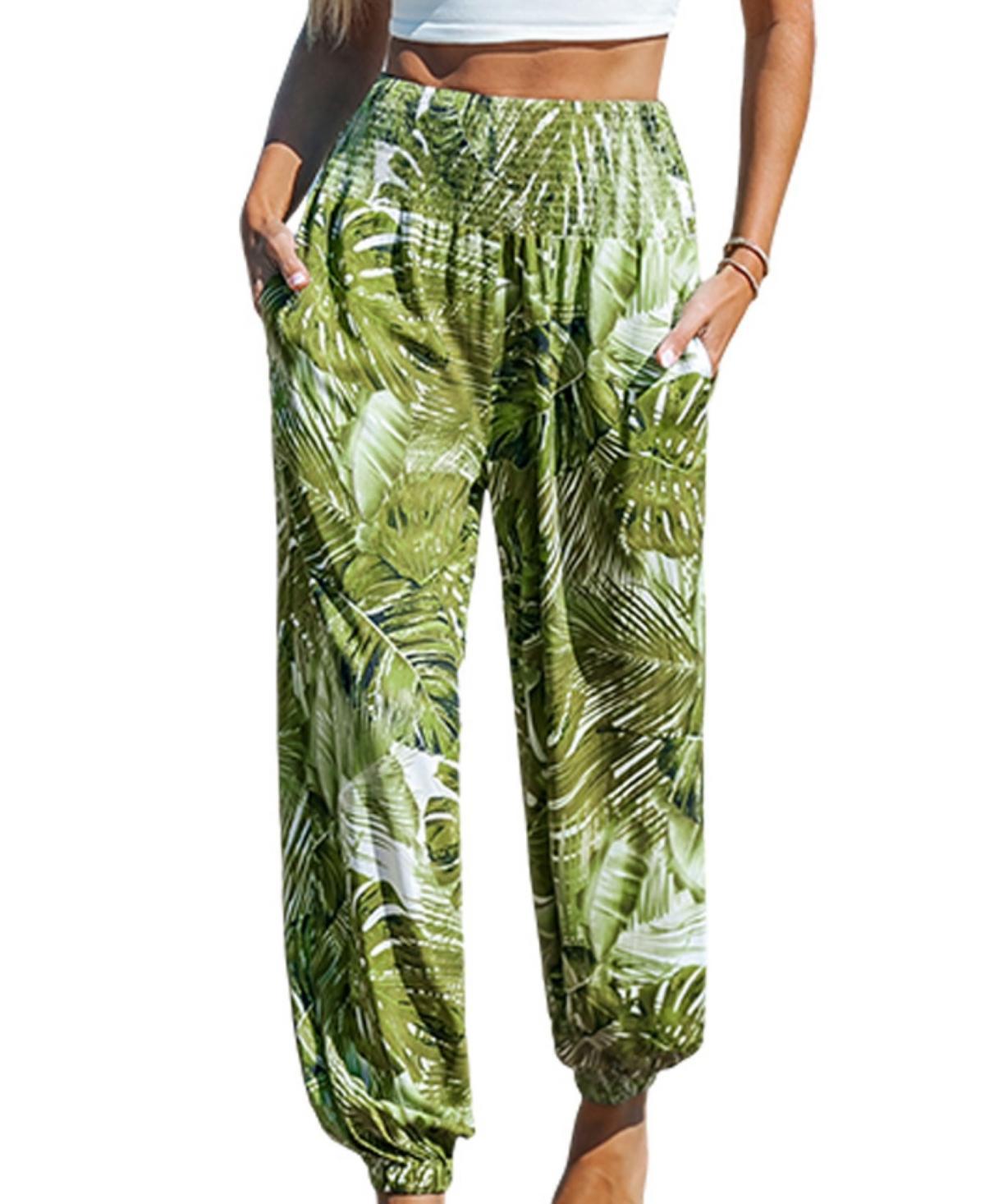 Cupshe Womens Palm Leaf Smocked Waist Tapered Leg Pants - Beige product image