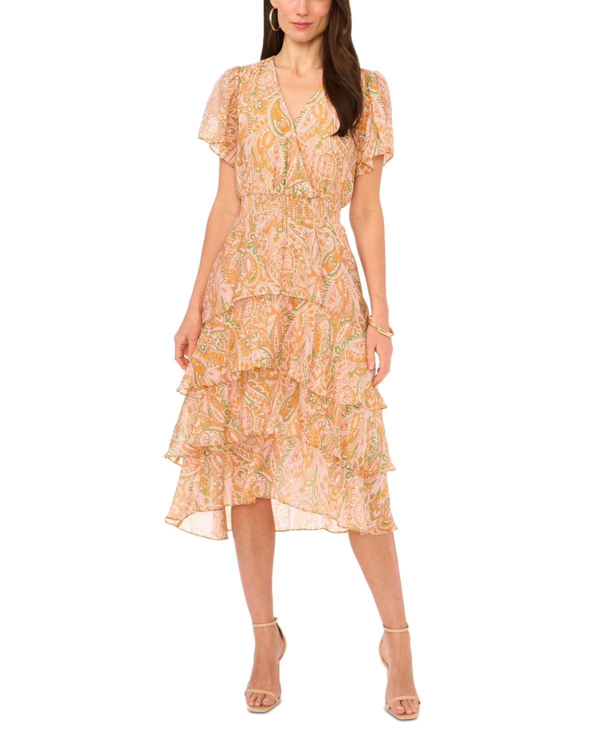 Women's Printed Smocked-Waist Faux-Wrap Tiered Midi Dress Product Image