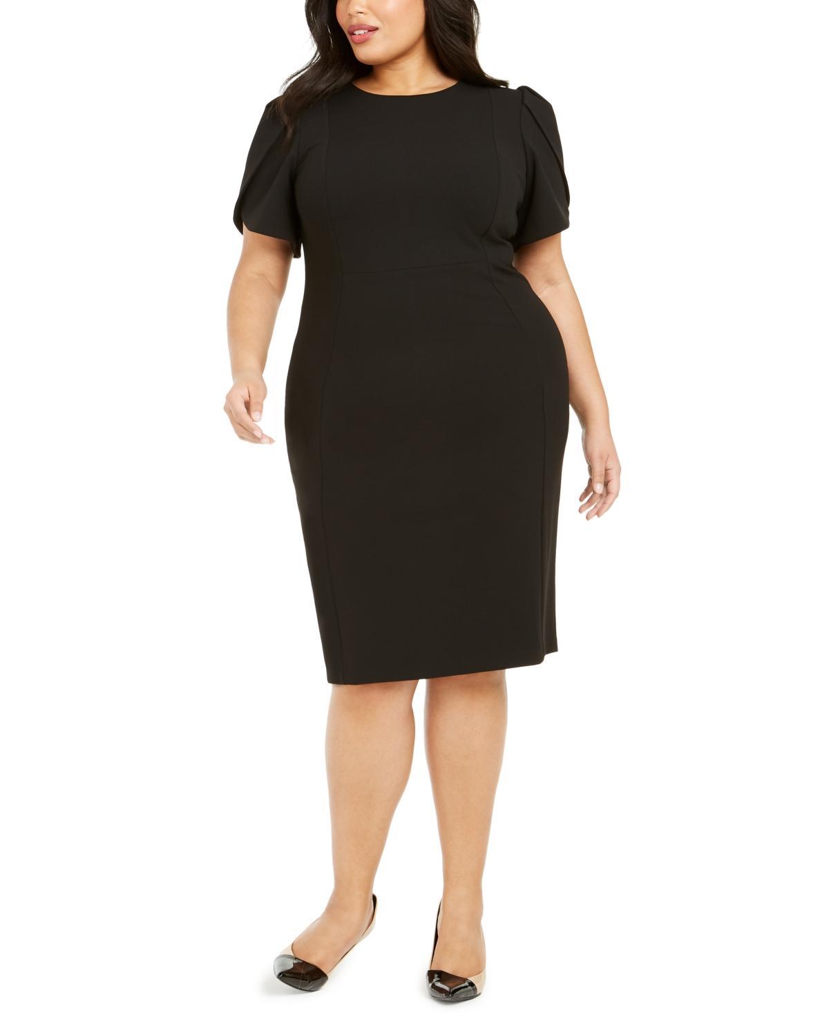 Calvin Klein Plus Size Round Neck Tulip Short Sleeve Solid Stretch Sheath Dress Product Image