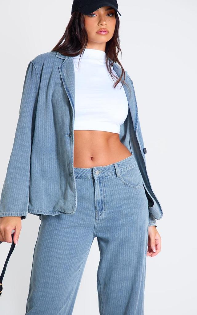 Washed Blue Pinstripe Lightweight Denim Oversized Blazer Product Image