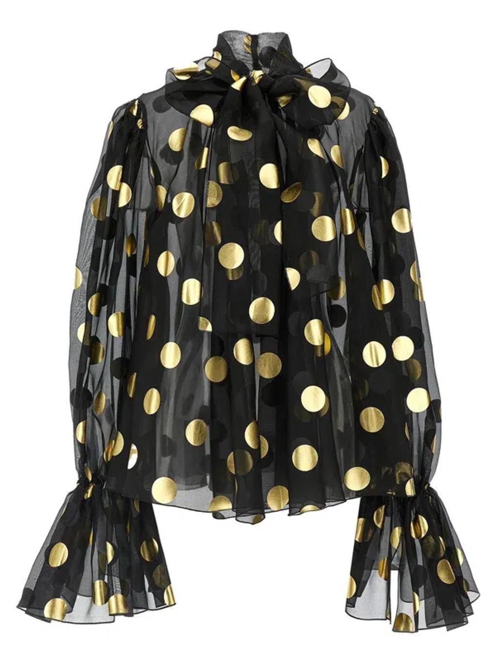 DOLCE & GABBANA Silk Light Knit Mini Polka Dot Blouse In Schwarz Product Image