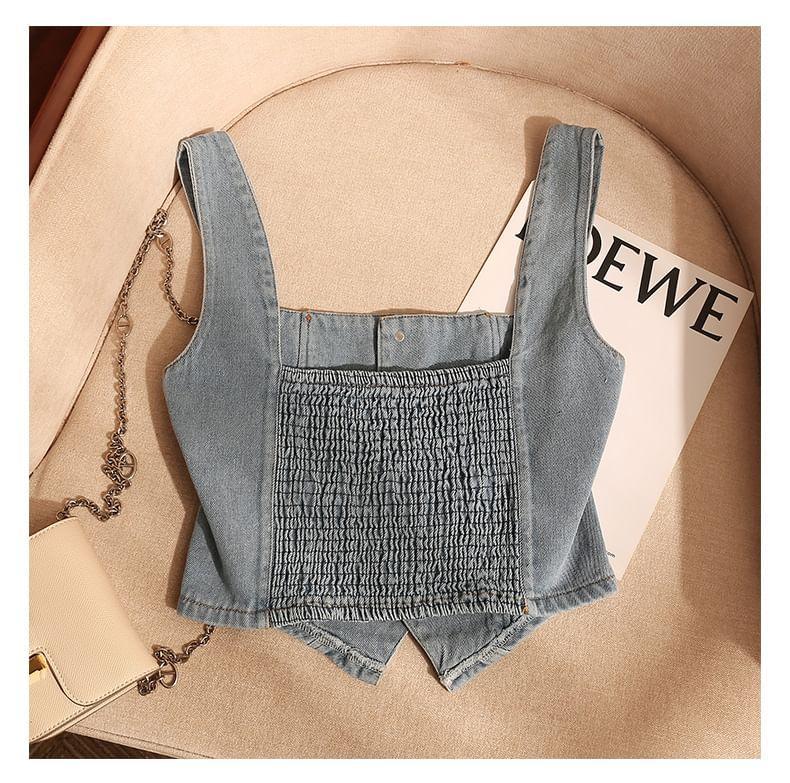 Square Neck Plain Button-Up Denim Crop Tank Top Product Image