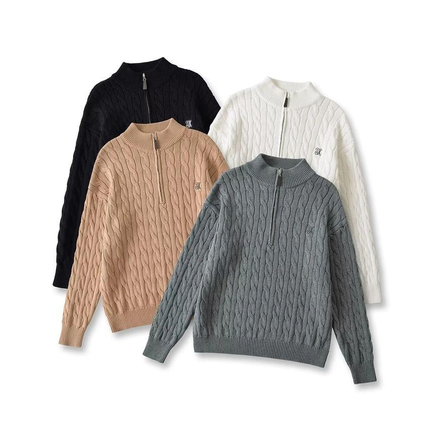 Stand Collar Half Zip Plain Cable Knit Sweater Product Image