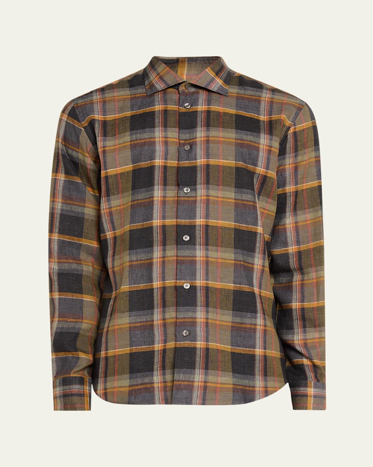 Mens Linen Plaid Casual Button-Down Shirt Product Image