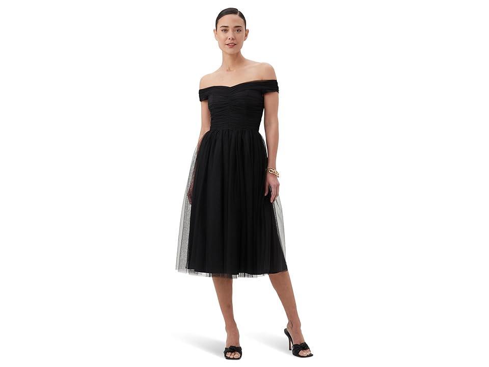 Trina Turk Renai Sweetheart Neck Off-the-Shoulder Short Sleeve A-Line Midi Tulle Dress Product Image