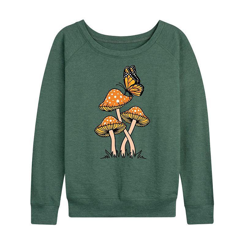 Womens Mushrooms With Butterfly Slouchy Graphic Sweatshirt, Girls Grey Green Product Image